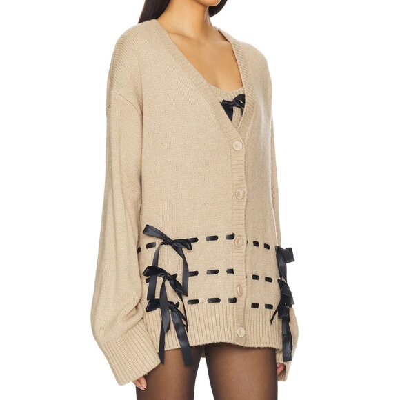 NEW $355 FOR LOVE AND LEMONS SOLANA W/BOWS TAN CARDIGAN SWEATER SIZE M/L - Picture 1 of 11